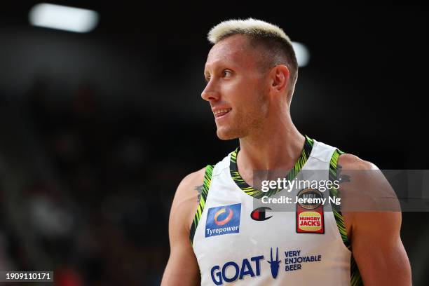 Mitchell Creek of the Phoenix reacts during the round 14 NBL match between Illawarra Hawks and South East Melbourne Phoenix at WIN Entertainment...