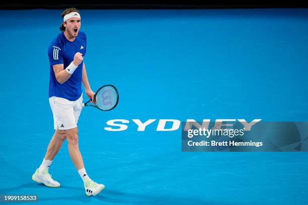 Stefanos Tsitsipas of Greece celebrates winning a point in the quarter-final match against Alexander Zverev of Germany during the 2024 United Cup at...