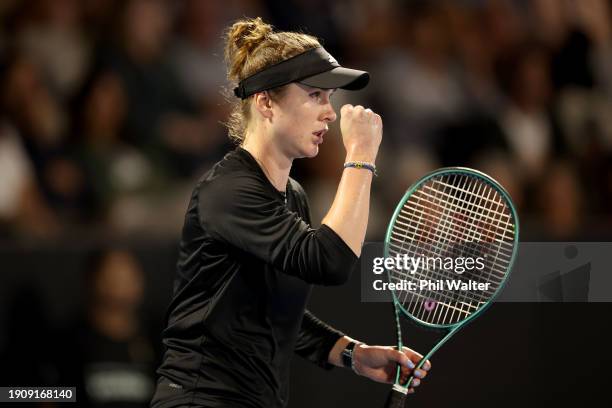 Elina Svitolina of Ukraine celebrates a point in her match against Marie Bouzkova of the Czech Republic during the 2024 Women's ASB Classic at ASB...