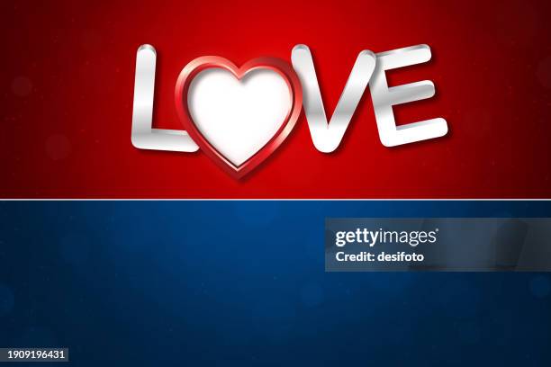 white silver colored text love in fun entangled overlapping font over solid dark red maroon horizontal vibrant valentine day celebration love backgrounds with one heart shape and blue bottom edge border for greeting cards, posters and banners - object solid color background stock illustrations