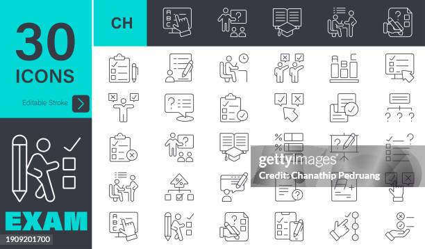 exam icons set. 30 editable stroke vector graphic elements, containing test, score, quiz, questionnaire, results, pass, online exam. - question mark icon editable stock illustrations