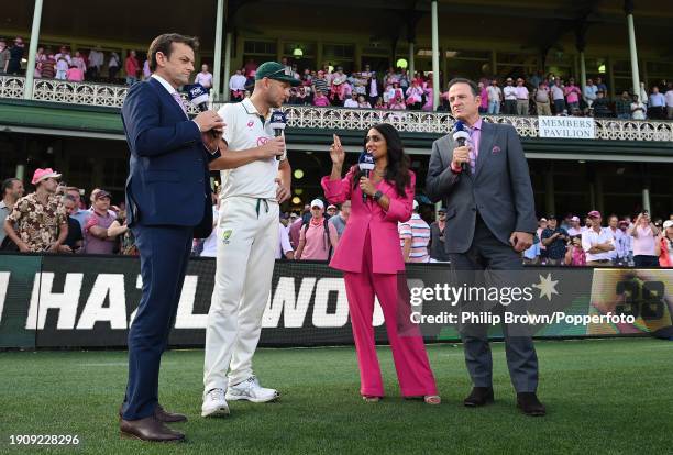 Josh Hazlewood of Australia is interviewed by Adam Gilchrist , Isa Guha and Mark Waugh of Fox during day three of the Men's Third Test Match in the...