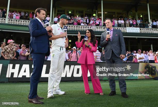 Josh Hazlewood of Australia is interviewed by Adam Gilchrist , Isa Guha and Mark Waugh of Fox during day three of the Men's Third Test Match in the...