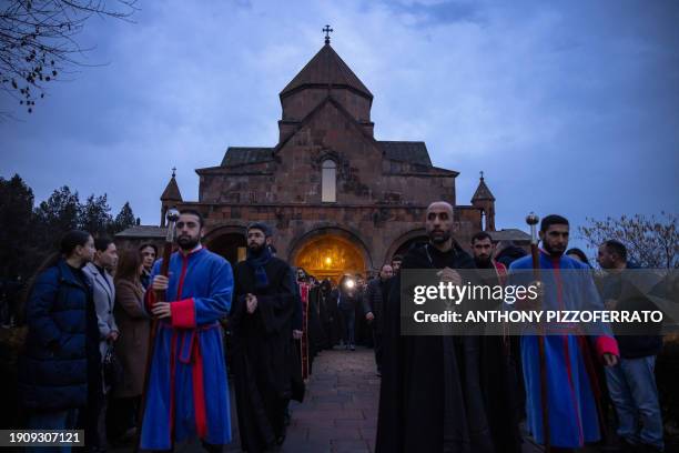 Etchmiadzin, Armenia. The Armenian Apostolic Church holds a Candlelight Divine Liturgy outside of Saint Gayane Church in Etchmiadzin, Armenia on...