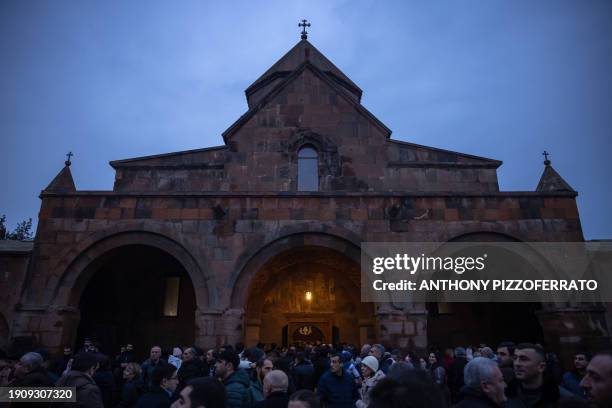 Etchmiadzin, Armenia. People displaced from Nagorno-Karabakh wait outside of the seventh century Saint Gayane Church in Etchmiadzin, Armenia on...