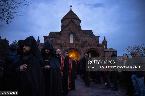 Etchmiadzin, Armenia. The Armenian Apostolic Church holds a Candlelight Divine Liturgy outside of Saint Gayane Church in Etchmiadzin, Armenia on...