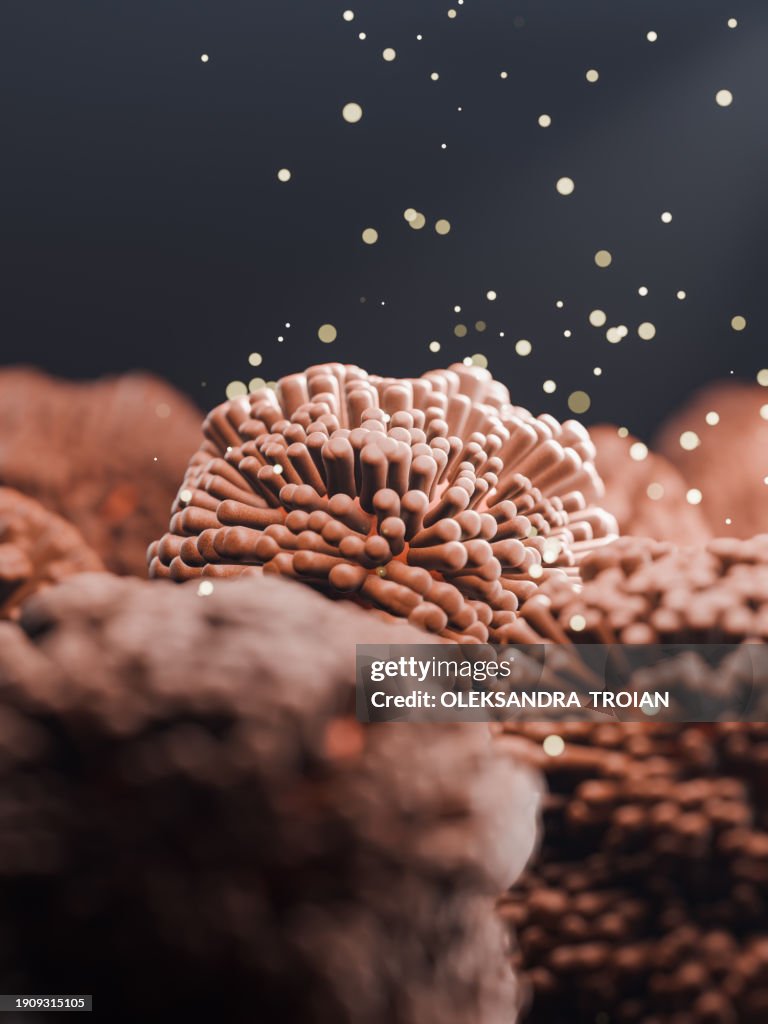 3d render of intestine villi with microbiome