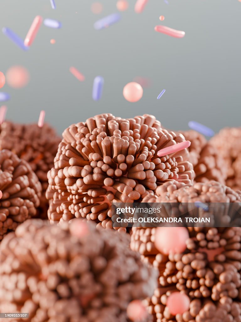 3d render of intestine villi with microbiome