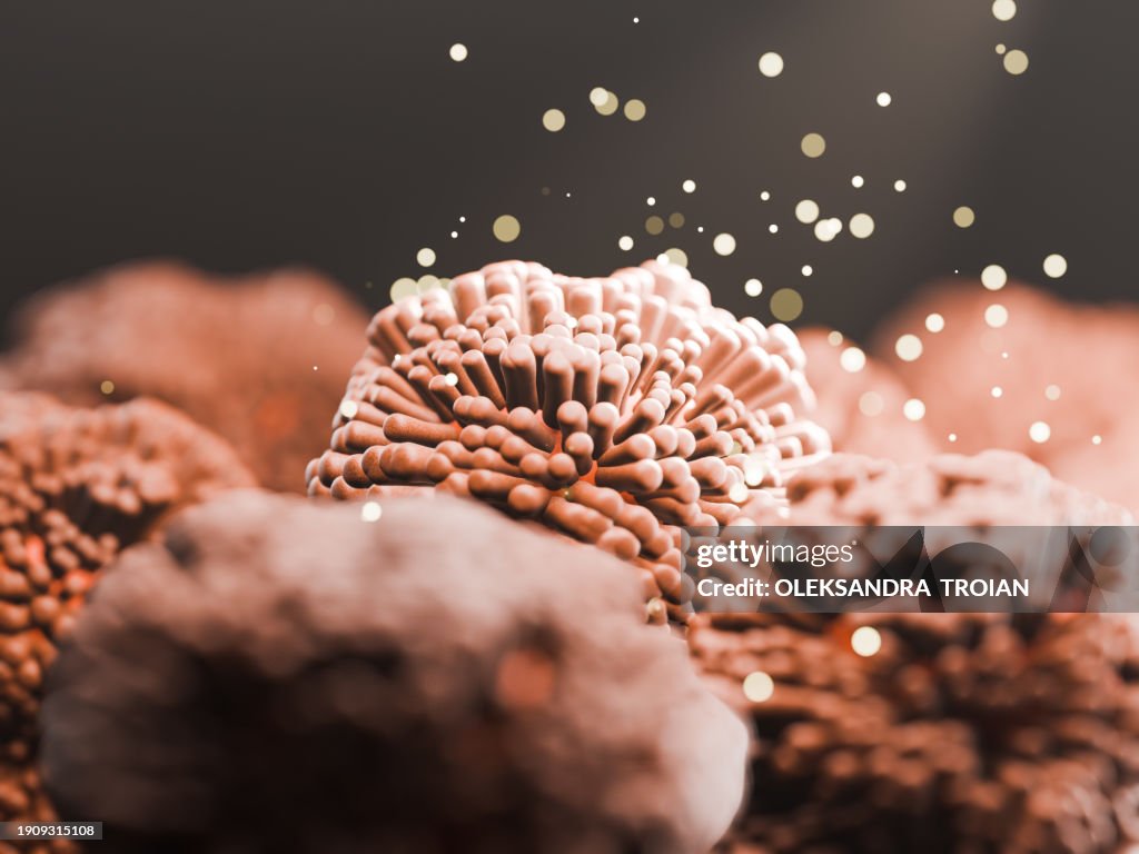 3d render of intestine villi with microbiome