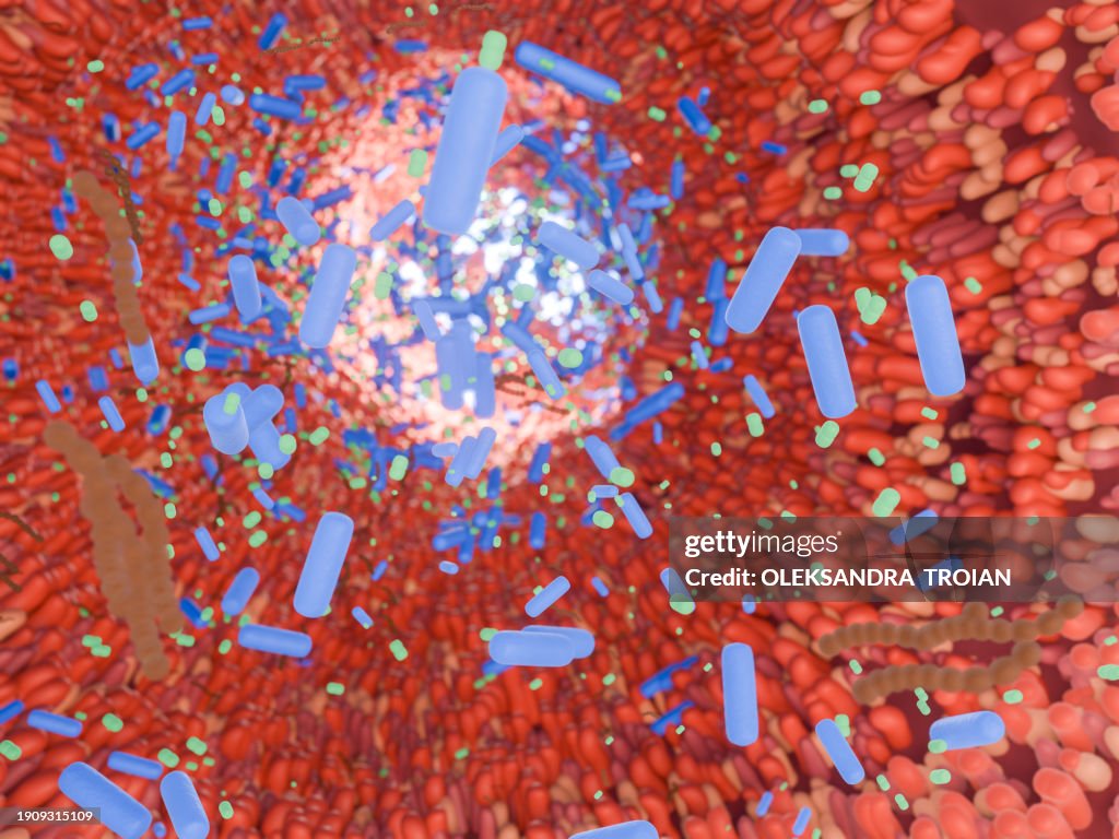 3d render of intestine villi with microbiome