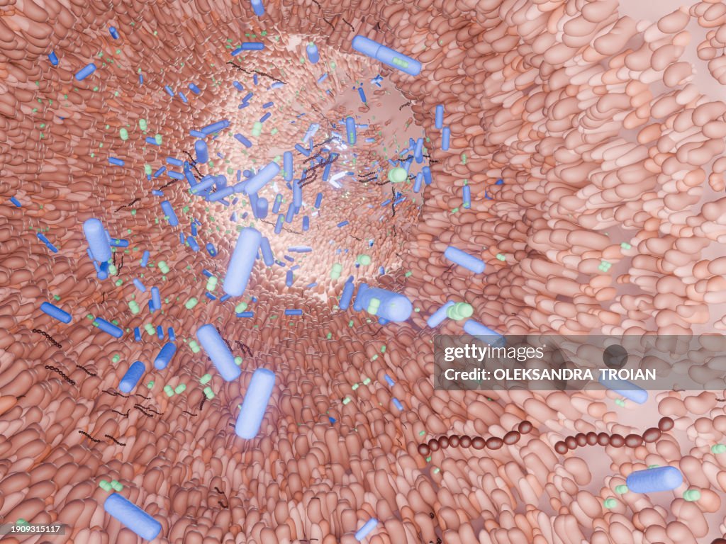 3d render of intestine villi with microbiome