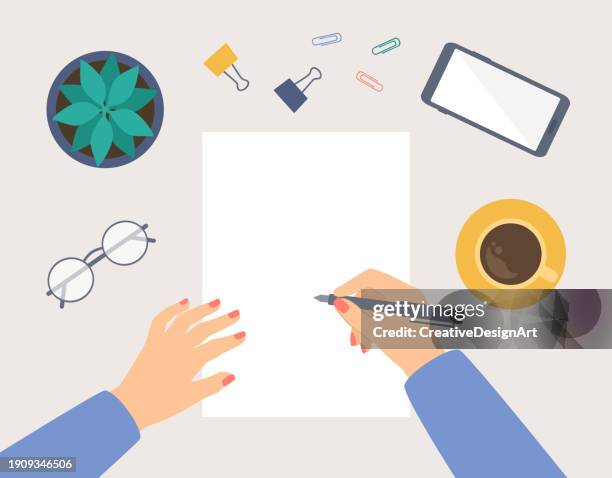 bildbanksillustrationer, clip art samt tecknat material och ikoner med female hand holding pen and writing on blank paper. high angle view of table with smartphone, coffee cup, eyeglasses and succulent plant - skrivbord