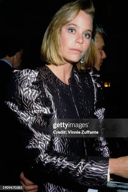 American actress Susan Dey, wearing a black-and-silver patterned jacket, attends the 46th Golden Globe Awards, held at the Beverly Hilton Hotel in...