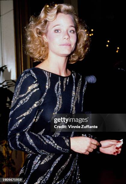 American actress Susan Dey, wearing a black outfit with silver and gold trim, attends the Entertainment Industry Annual Dinner, held at the Beverly...