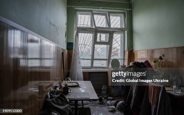 Windows are broken in a school building destroyed by Russian missile strike on January 3, 2024 in Kharkiv, Ukraine. On the night of January 2,...