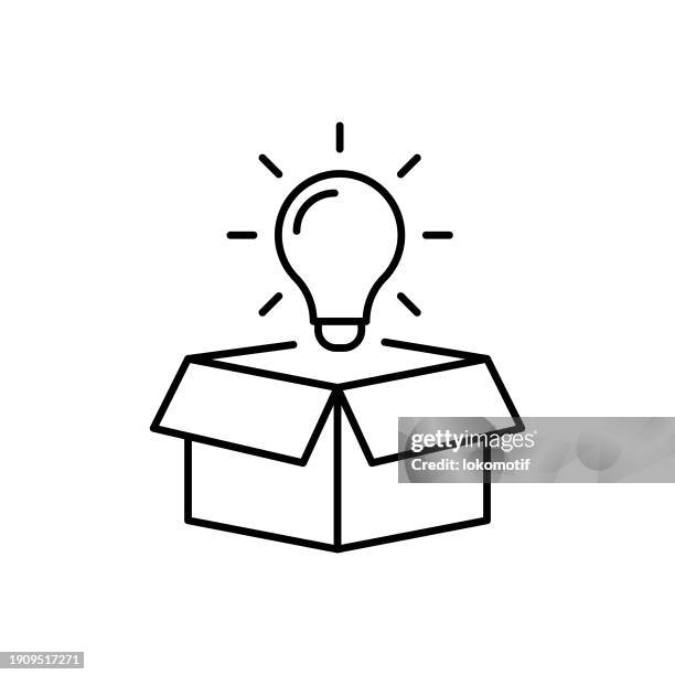 think outside the box line icon with editable stroke. the icon is suitable for web design, mobile apps, ui, ux, and gui design. - light bulb box stock illustrations
