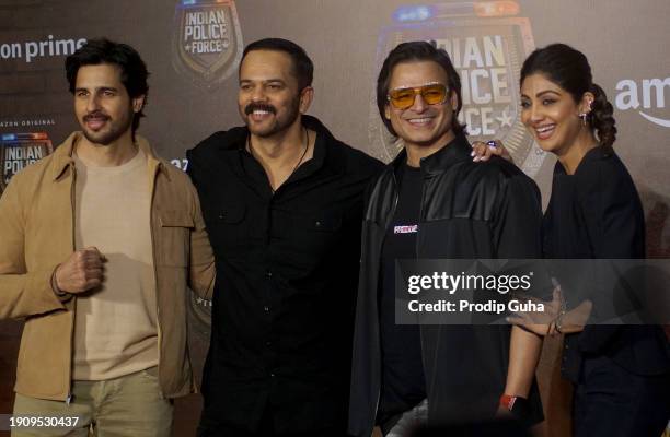 Sidharth Malhotra, Rohit Shetty, Vivek Oberoi and Shilpa Shetty attend the trailer launch of amazone prime web series 'Indian Police Force' on...