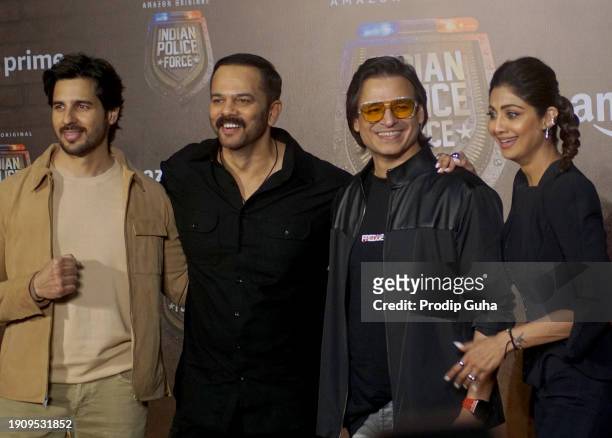 Sidharth Malhotra, Rohit Shetty, Vivek Oberoi and Shilpa Shetty attend the trailer launch of amazone prime web series 'Indian Police Force' on...
