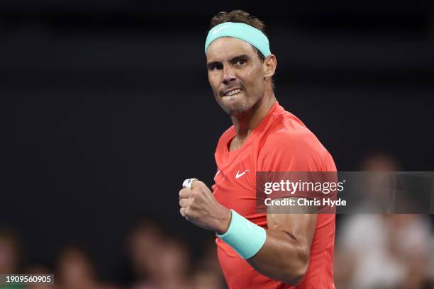 Rafael Nadal of Spain celebrates in his match against Jordan Thompson of Australia during day six of the 2024 Brisbane International at Queensland...