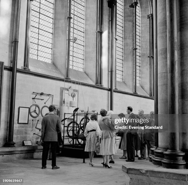 Visitors viewing Salisbury Cathedral's Clock on the 770th anniversary of the Cathedral's consecration, Wiltshire, September 30th 1958. The clock was...