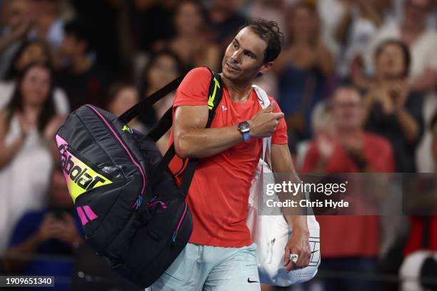 Rafael Nadal of Spain leaves the court after losing his match against Jordan Thompson of Australia during day six of the 2024 Brisbane International...