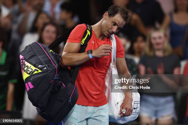 Rafael Nadal of Spain leaves the court after losing his match against Jordan Thompson of Australia during day six of the 2024 Brisbane International...