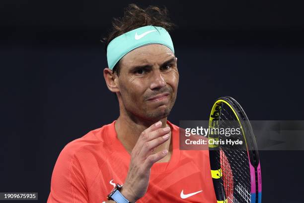 Rafael Nadal of Spain looks on in his match against Jordan Thompson of Australia during day six of the 2024 Brisbane International at Queensland...
