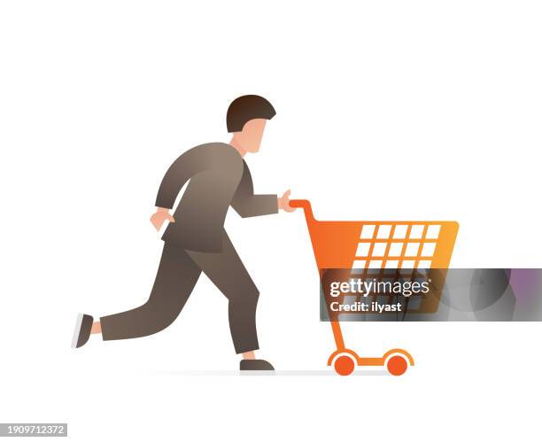 stockillustraties, clipart, cartoons en iconen met vector person pushing shopping cart - duwen