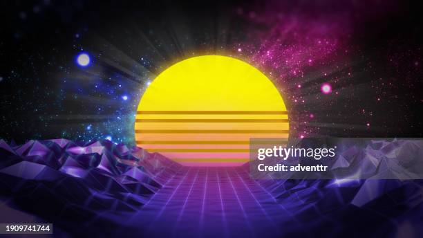 1980er jahre stil retro-welle sonnenuntergang hintergrund - retro-synthwave-background stock-grafiken, -clipart, -cartoons und -symbole