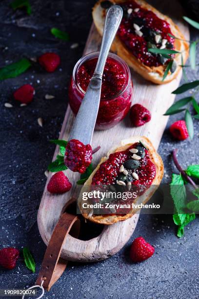 chia raspberry jam - raspberry jam stock pictures, royalty-free photos & images