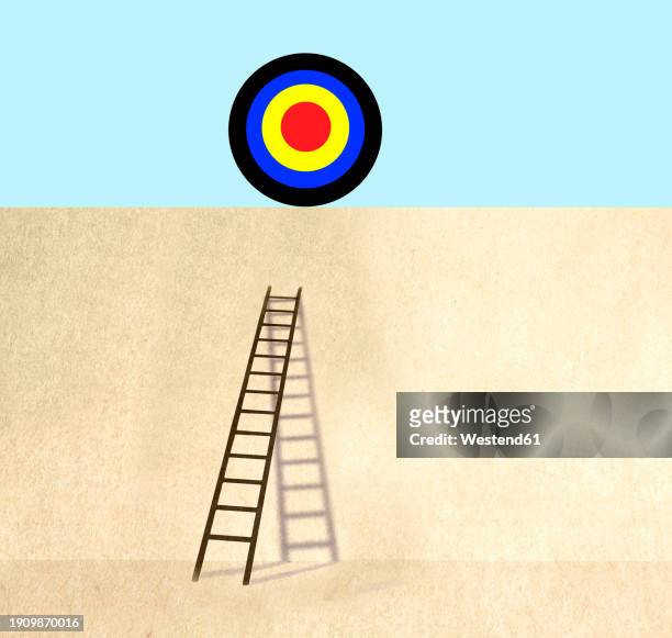 ladder reaching to sports target lying on top of wall - aiming stock illustrations
