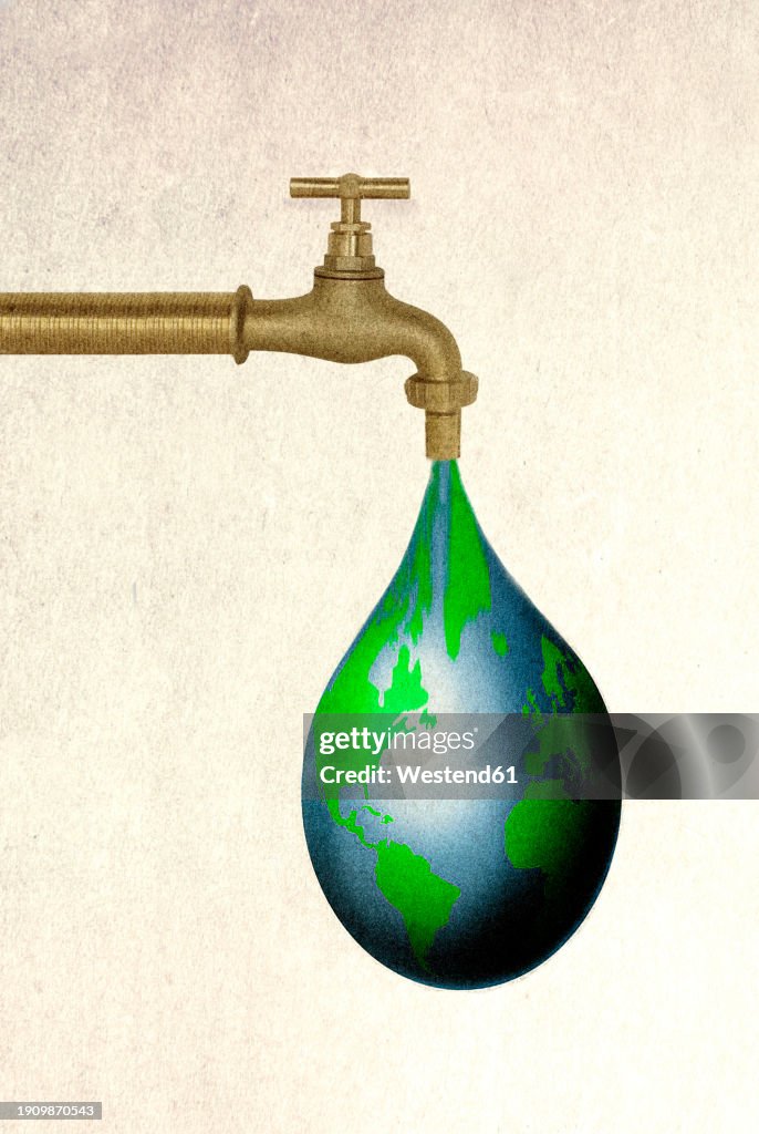 Faucet leaking planet Earth shaped drop symbolizing drought