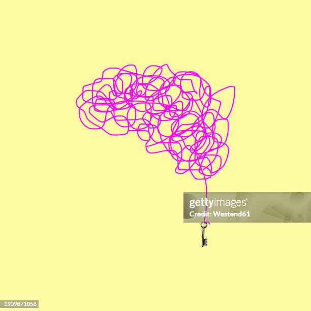 key at end of brain shaped tangled string - kreativität stock-grafiken, -clipart, -cartoons und -symbole