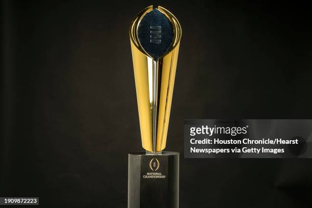 The College Football Playoff National Championship trophy is shown in the Chronicle Studio on Thursday, Jan. 4, 2024 in Houston.