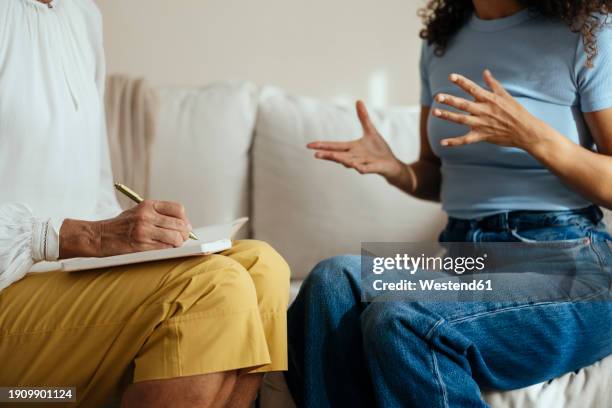 patient with psychotherapist having consultation meeting at home - saúde mental imagens e fotografias de stock