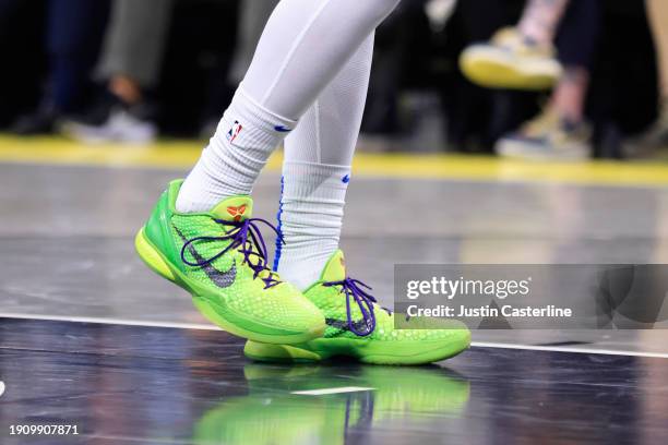 Goga Bitadze of the Orlando Magic shoes are seen on the court in the game against the Indiana Pacers at Gainbridge Fieldhouse on December 23, 2023 in...