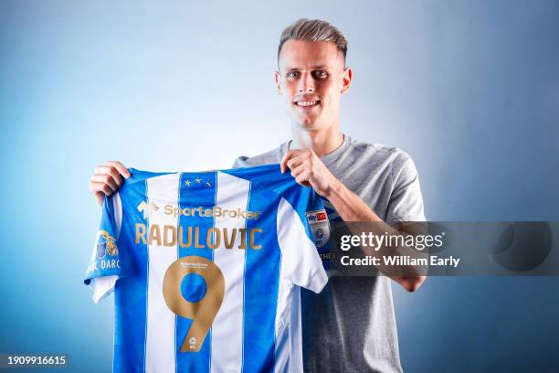 Bojan Radulović signs for Huddersfield Town at Millers Oils High Performance Complex on January 05, 2024 in Huddersfield, England.