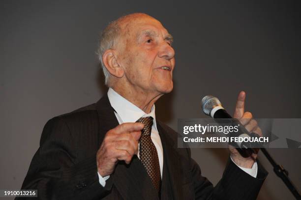 Stephane Hessel a former French resistance fighter and author of the bestselling "Time for Outrage ! " , delivers a speech after being awarded the...