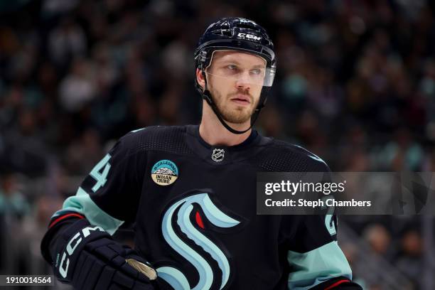 Jamie Oleksiak of the Seattle Kraken skates during the second period against the Ottawa Senators at Climate Pledge Arena on January 04, 2024 in...