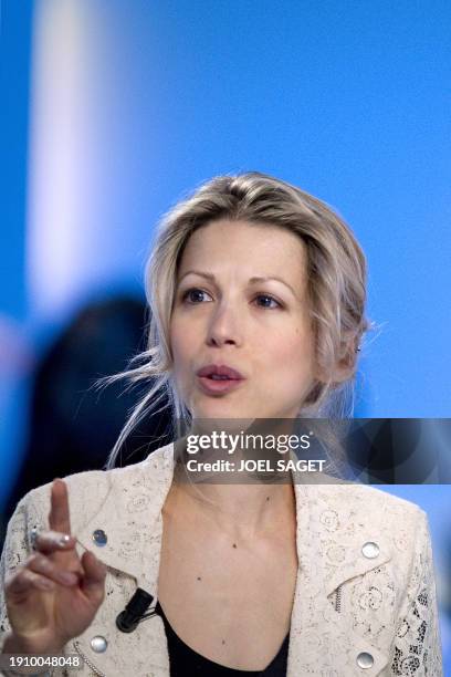 French writer Tristane Banon takes part in the TV show "Le Grand Journal" on French TV chanel Canal+ in Paris on September 19, 2011. Banon, who has...