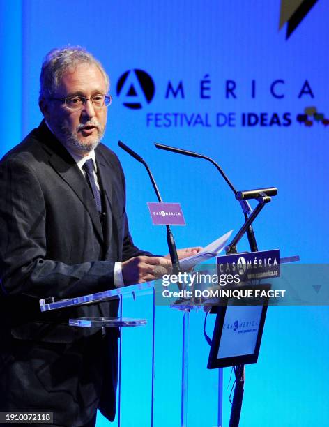 Colombian writer Hector Abad Faciolince delivers a speech on October 5, 2010 in Madrid during the inauguration of the festival Vivamerica celebrated...