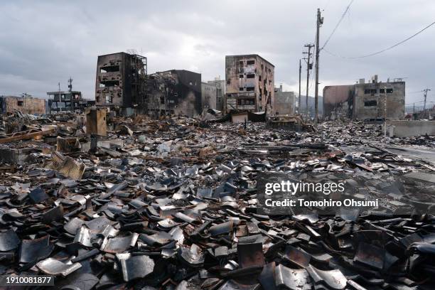 The Asaichi Yokocho, or Wajima Morning Market, area, is seen after a fire incident following an earthquake on January 05, 2024 in Wajima, Japan. On...