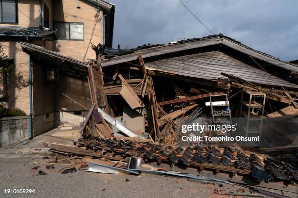 Damaged houses are seen in the aftermath of an earthquake on January 05, 2024 in Wajima, Japan. On New Year's Day, a series of major earthquakes...