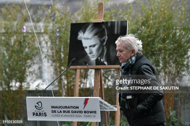 French fashion designer Agnes Trouble known for her fashion brand "Agnes B." arrives to deliver a speech during the inauguration of a street, named...
