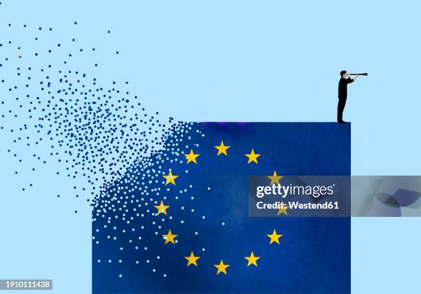 man standing on destructing european flag and looking through telescope against blue background - star space stock illustrations