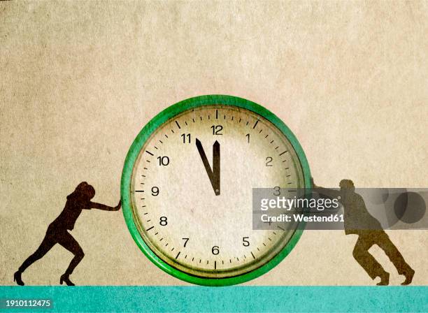 businessman and businesswoman pushing clock against beige background - organized stock illustrations