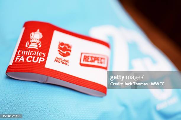 The Emirates FA Cup captain's armband is seen inside the Wolverhampton Wanderers dressing room prior to the Emirates FA Cup Third Round match between...