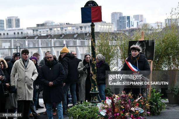 Deputy Mayor of Paris in charge of remembrance and veterans, Laurence Patrice , delivers a speech during the inauguration of a street, named after...