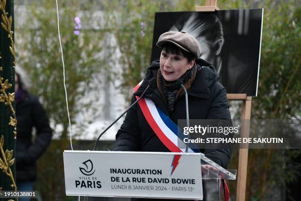 Deputy Mayor of Paris in charge of remembrance and veterans, Laurence Patrice, delivers a speech during the inauguration of a street, named after...