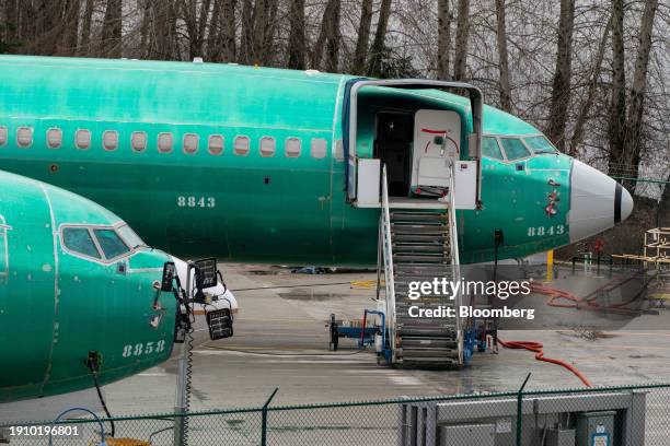 Boeing 737 Max 8 aircraft outside the company's manufacturing facility in Renton, Washington, US, on Sunday, Jan. 7, 2024. Shares of Boeing fell 7.9%...